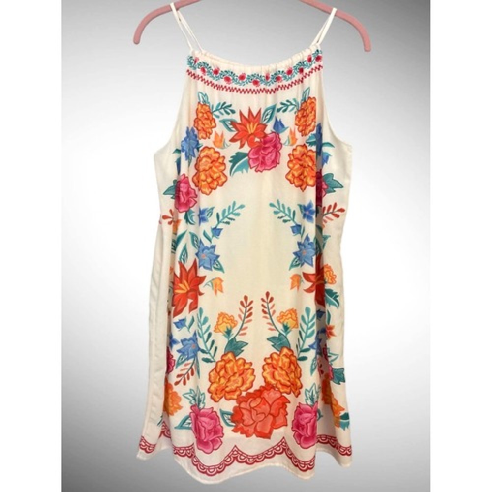 Embroidered Floral Mini Dress - Cream with Multicolor Blooms